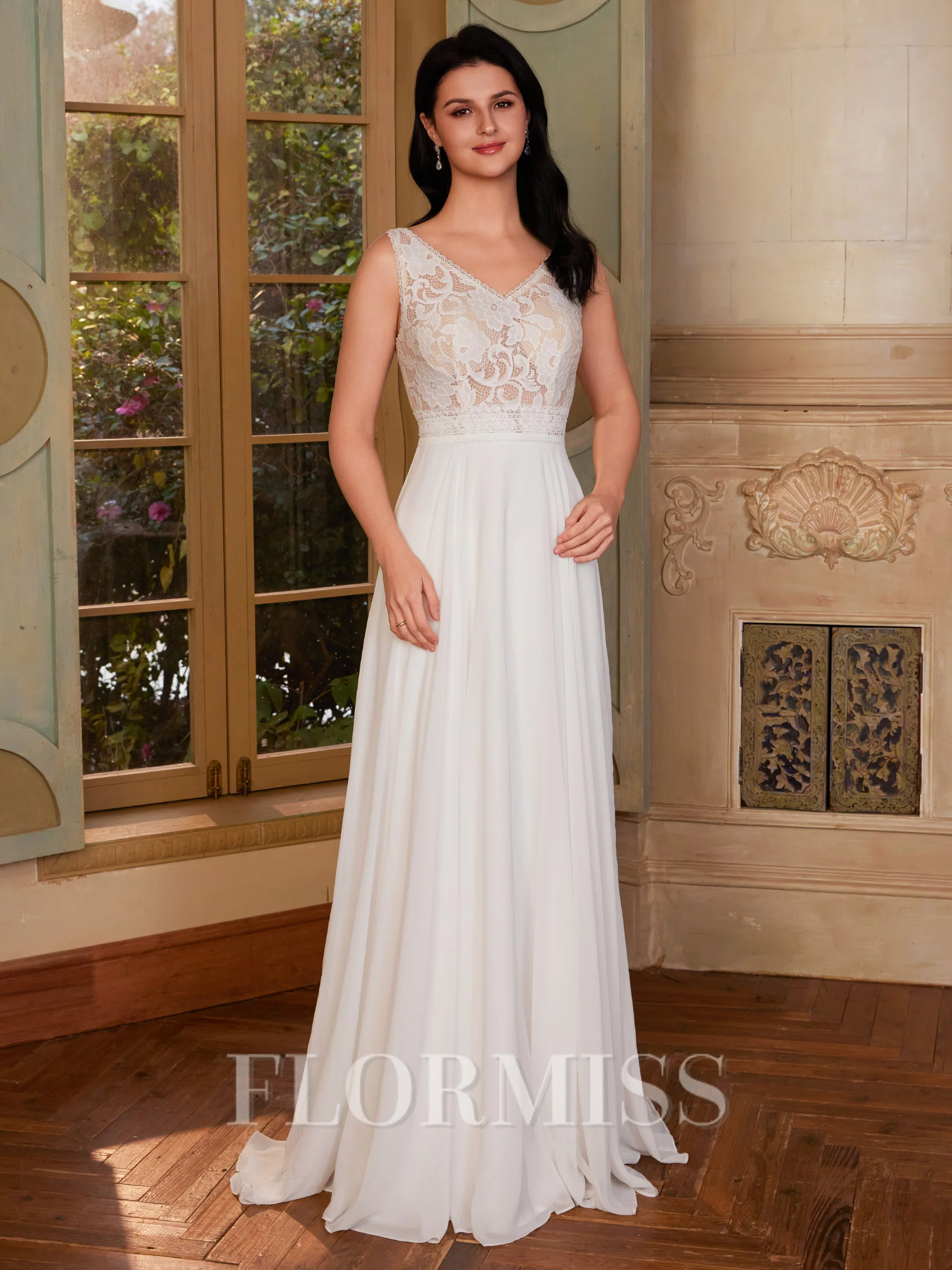 A-line V-neck Appliques Lace Floor-Length Chiffon Wedding Dress