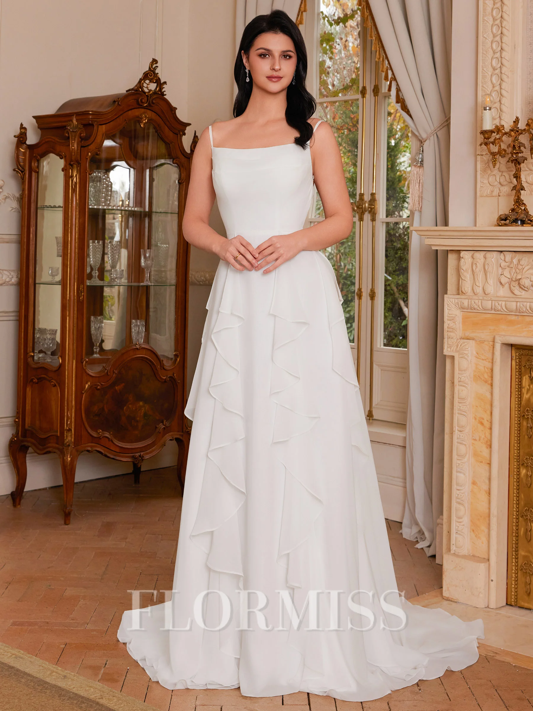 A-line Spaghetti Straps Ruffles Sweep Train Chiffon Corset Wedding Dress