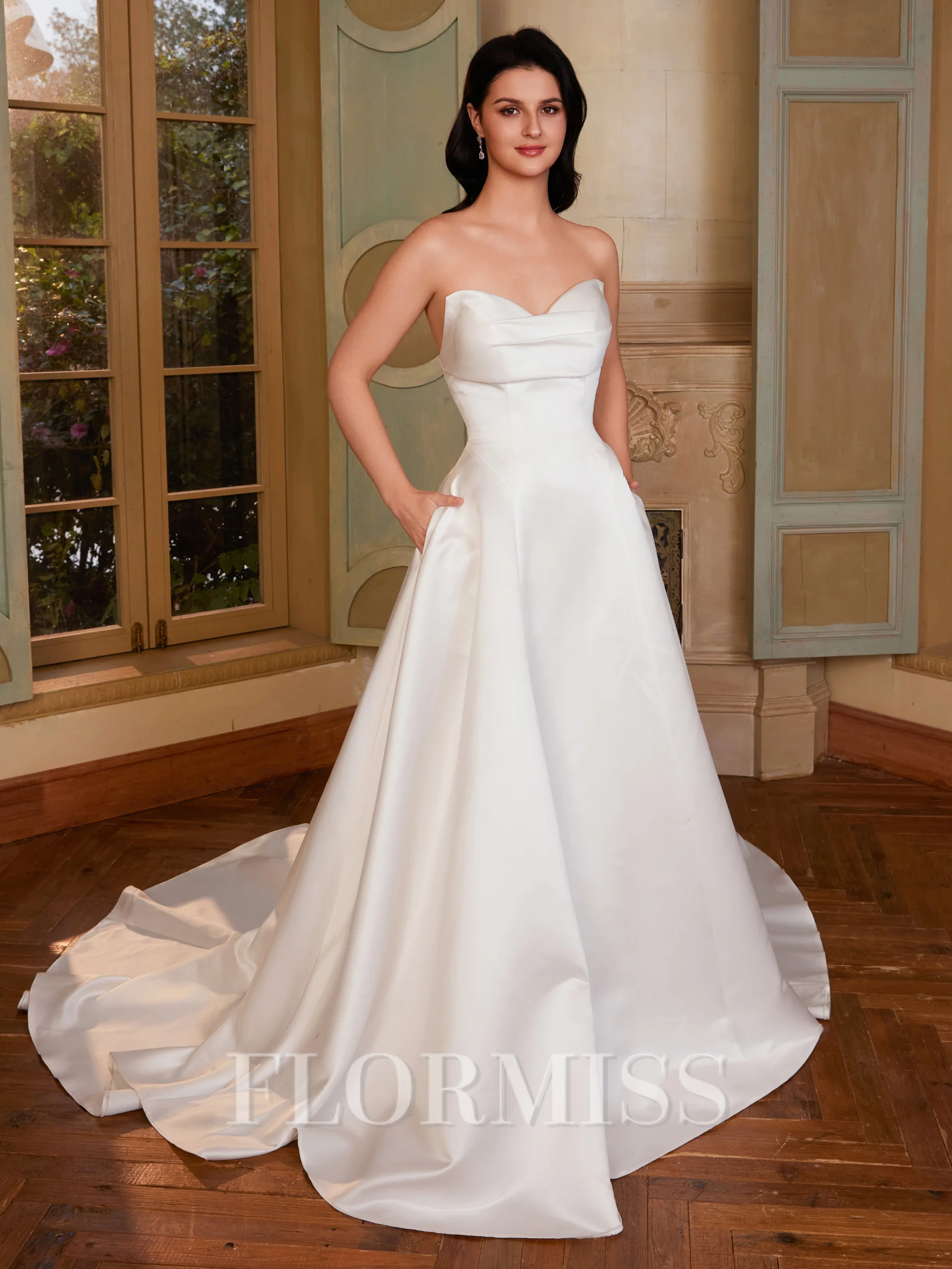 A-line Sweetheart Pleated Court Train Satin Corset Wedding Dress