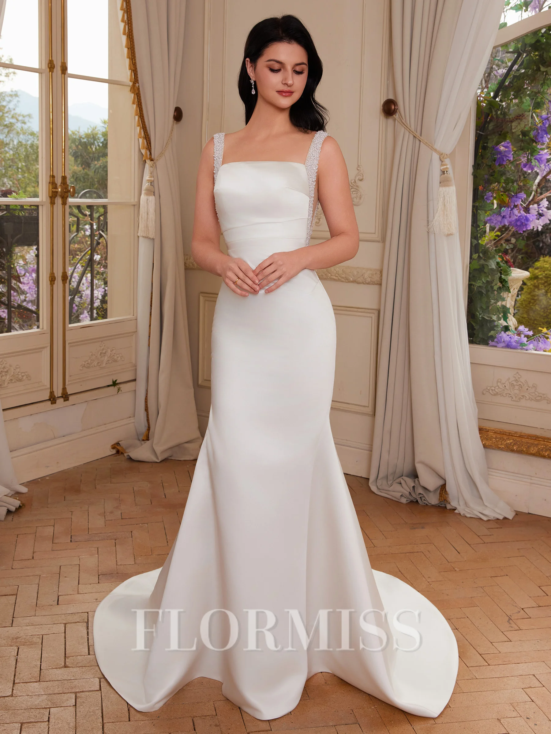 Sheath Straps Pleated Chapel Train Satin Corset Wedding Dress