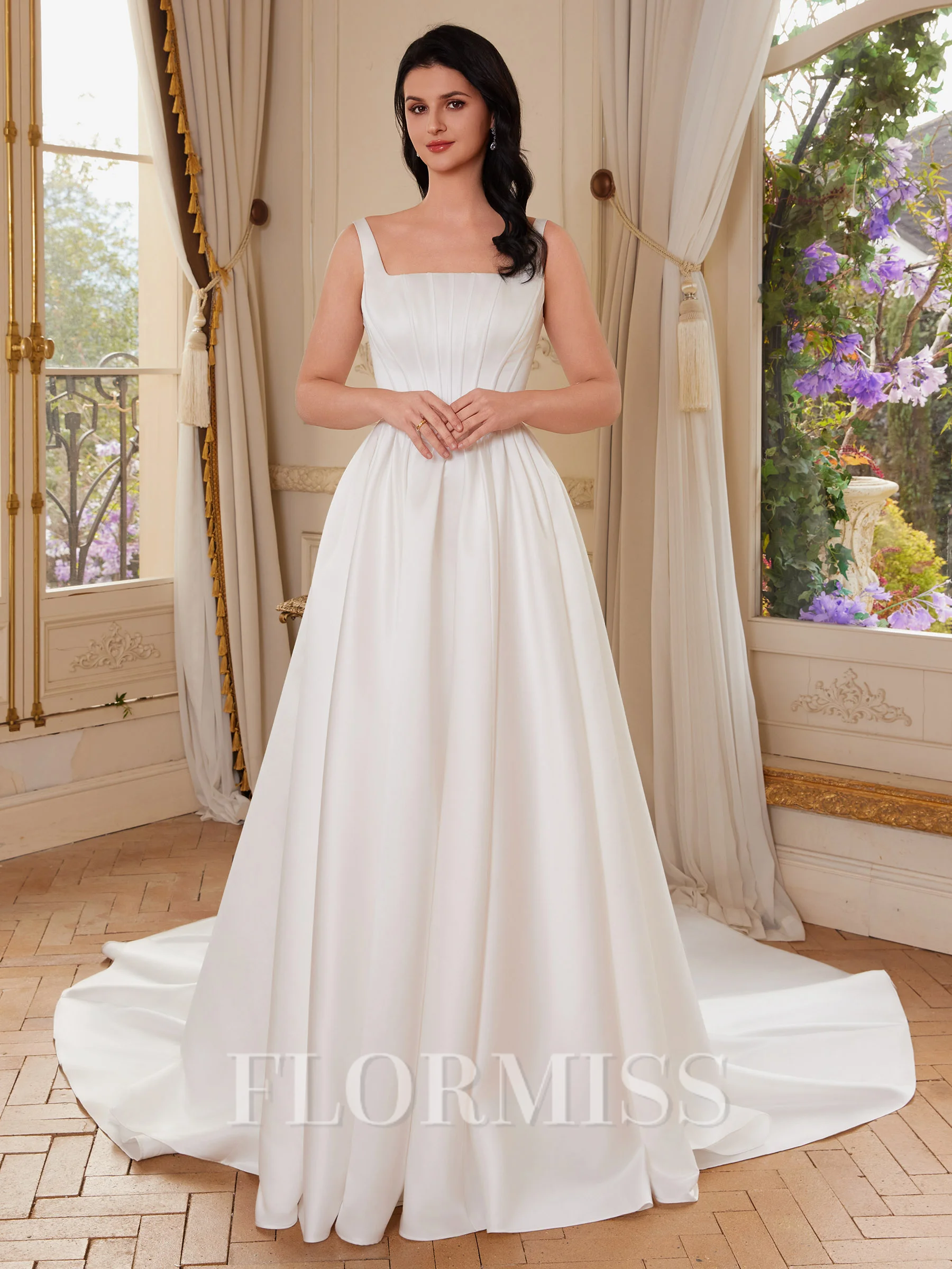 A-line Square Chapel Train Satin Corset Wedding Dress