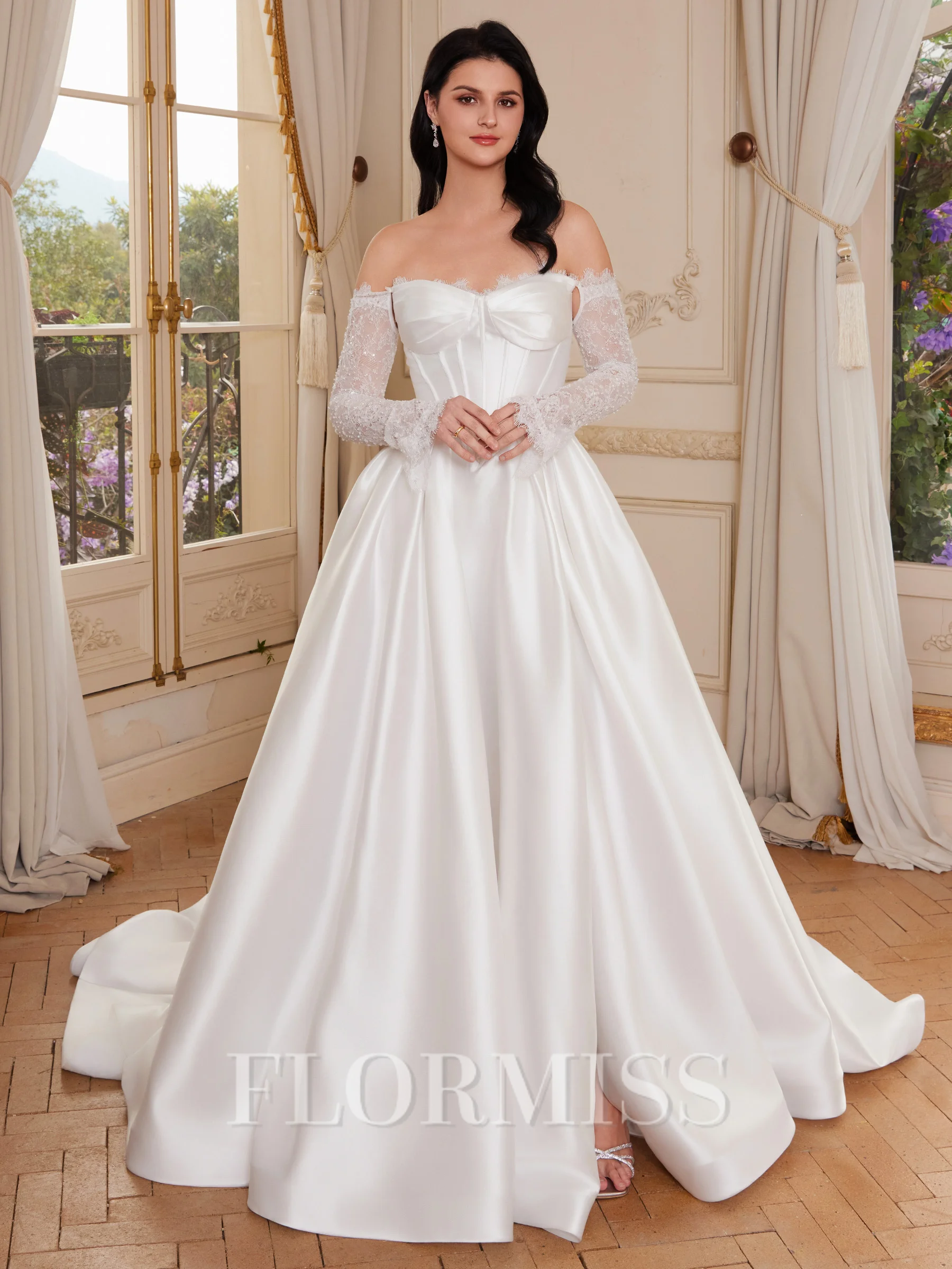A-line Off-the-Shoulder Long Sleeves Appliques Lace Court Train Satin Corset Wedding Dress