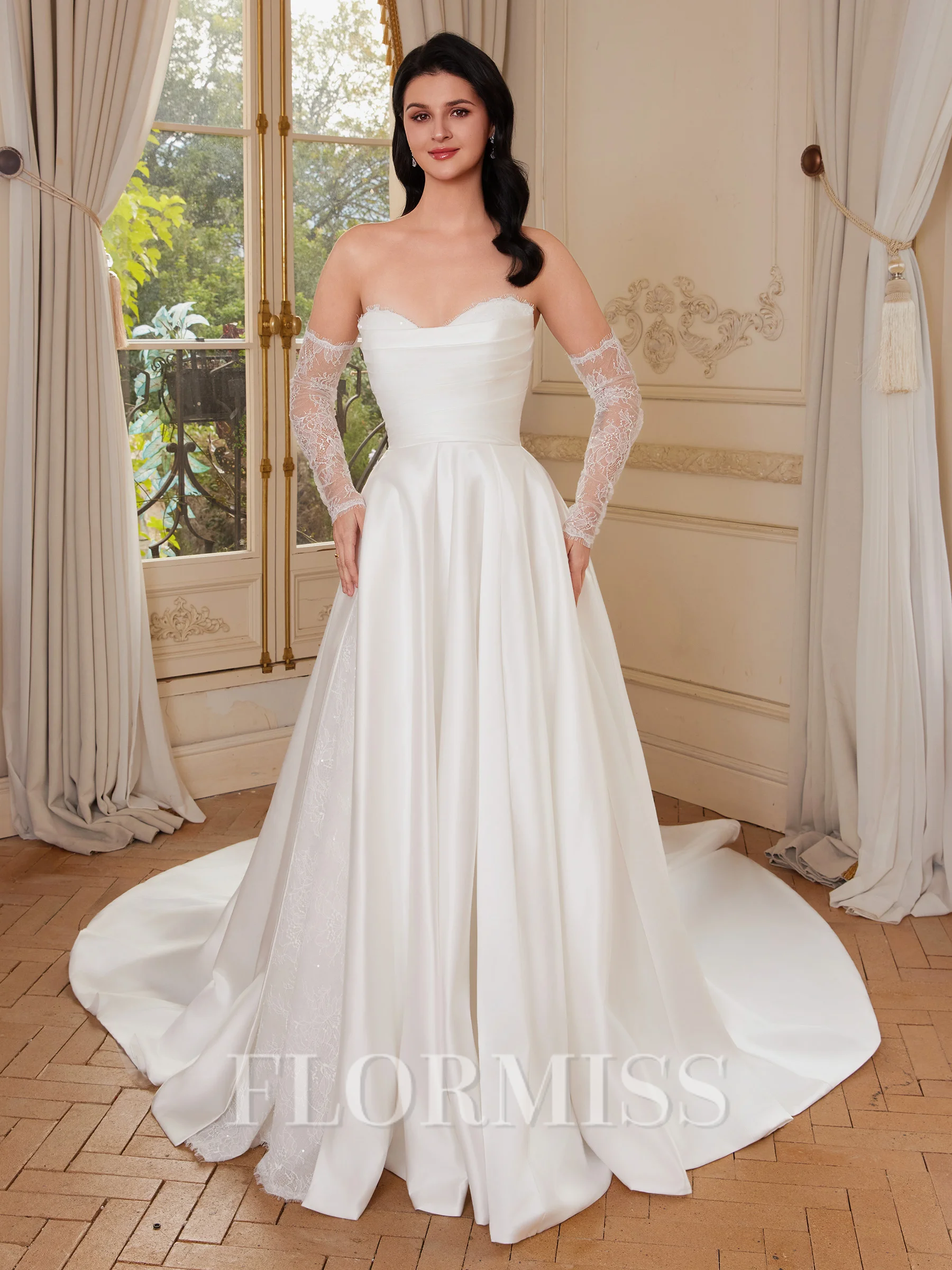 A-line Off-the-Shoulder Long Sleeves Appliques Lace Cathedral Train Satin Corset Wedding Dress