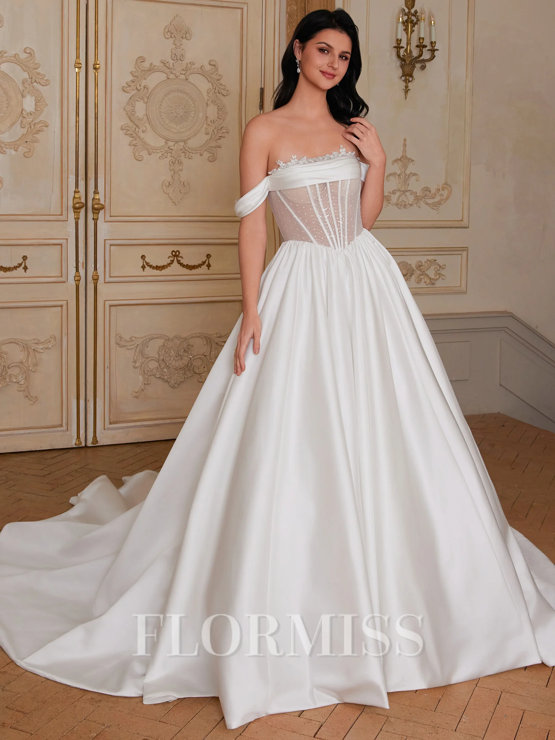 Ball-Gown Off-the-Shoulder Appliques Lace Cathedral Train Satin Corset Wedding Dress