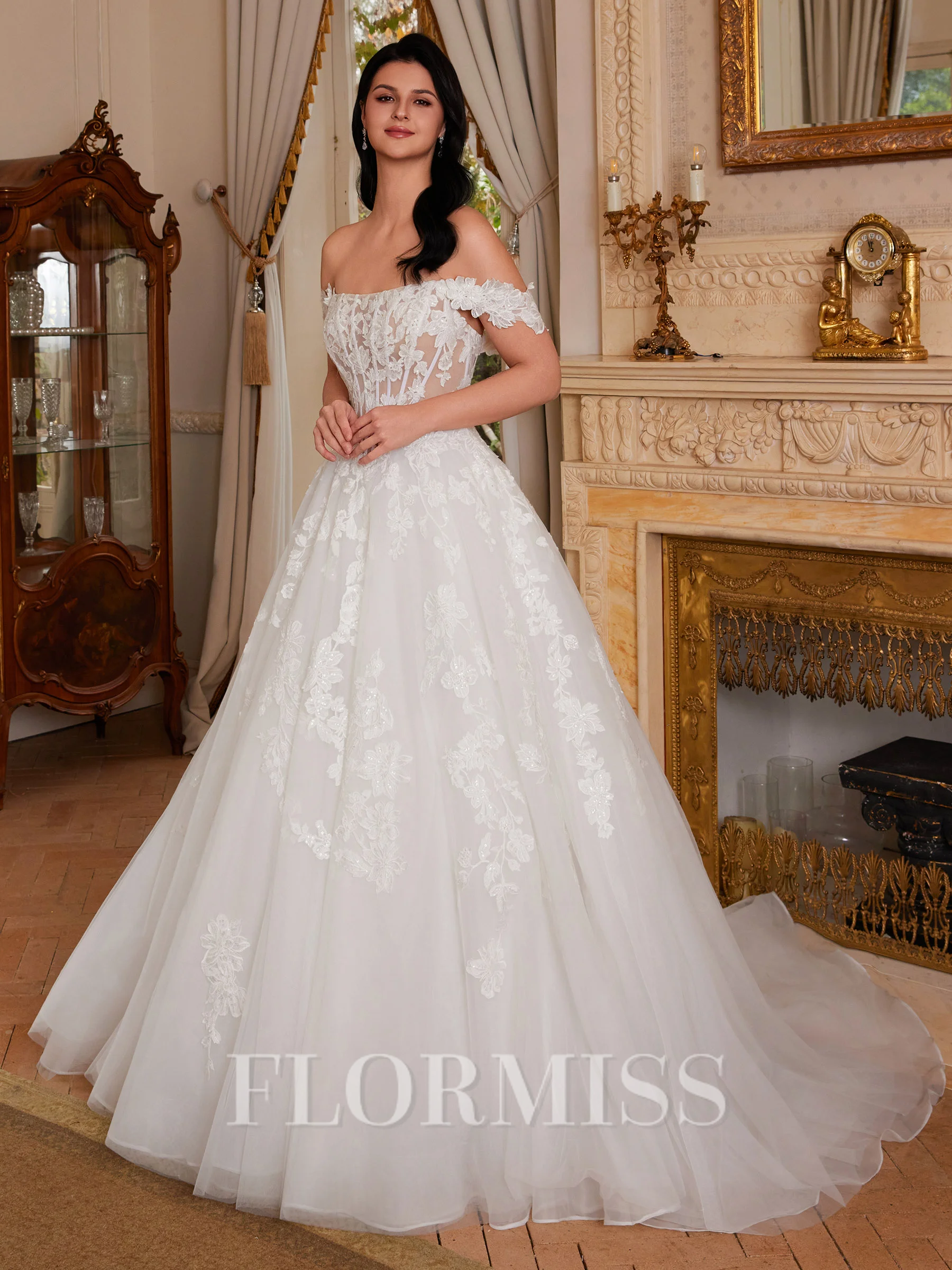 Ball-Gown Off-the-Shoulder Appliques Lace Court Train Tulle Corset Wedding Dress