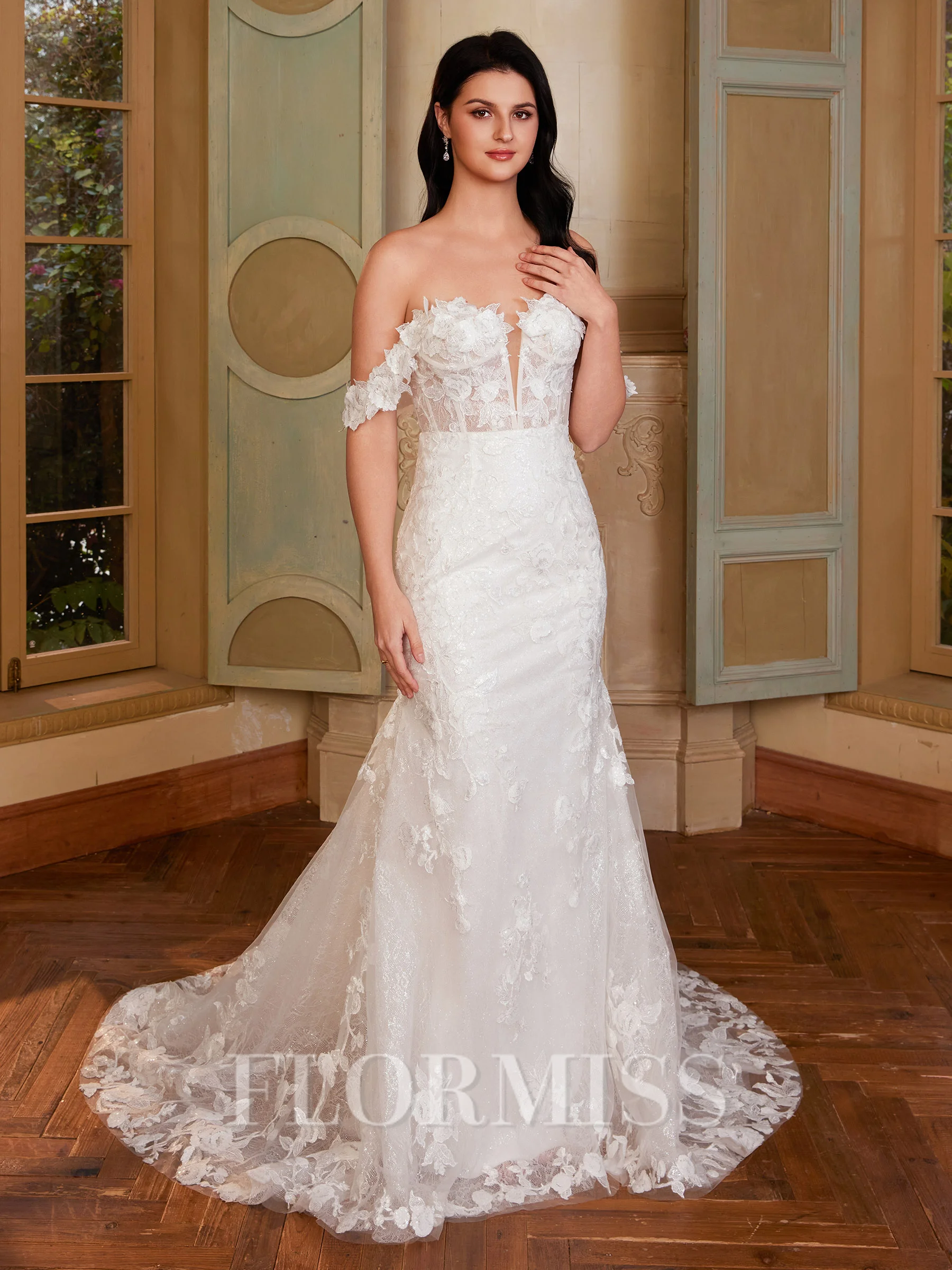 Sheath Off-the-Shoulder Appliques Lace Sweep Train Tulle Corset Wedding Dress