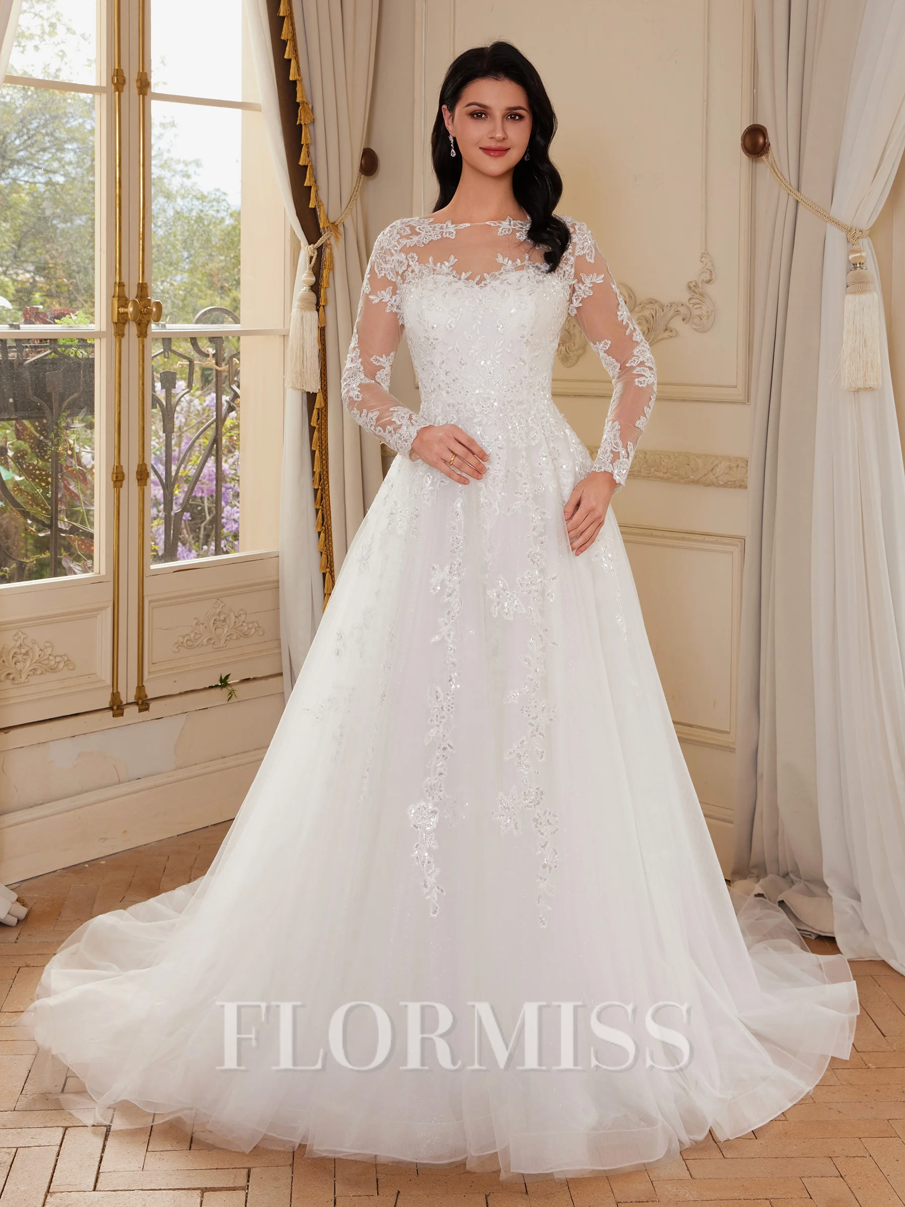 A-line Scoop Long Sleeves Appliques Lace Chapel Train Tulle Corset Wedding Dress