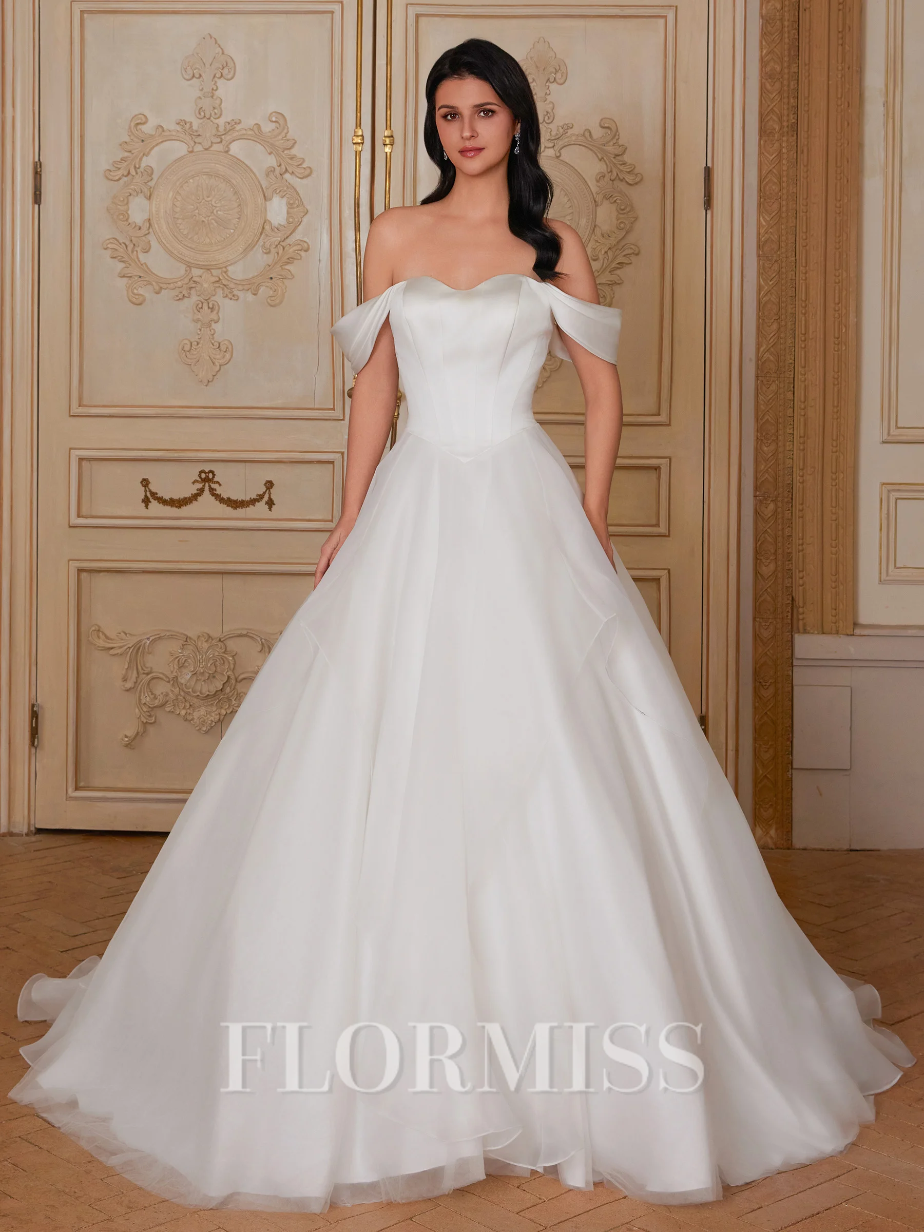 Ball-Gown Off-the-Shoulder Ruffles Court Train Satin Corset Wedding Dress