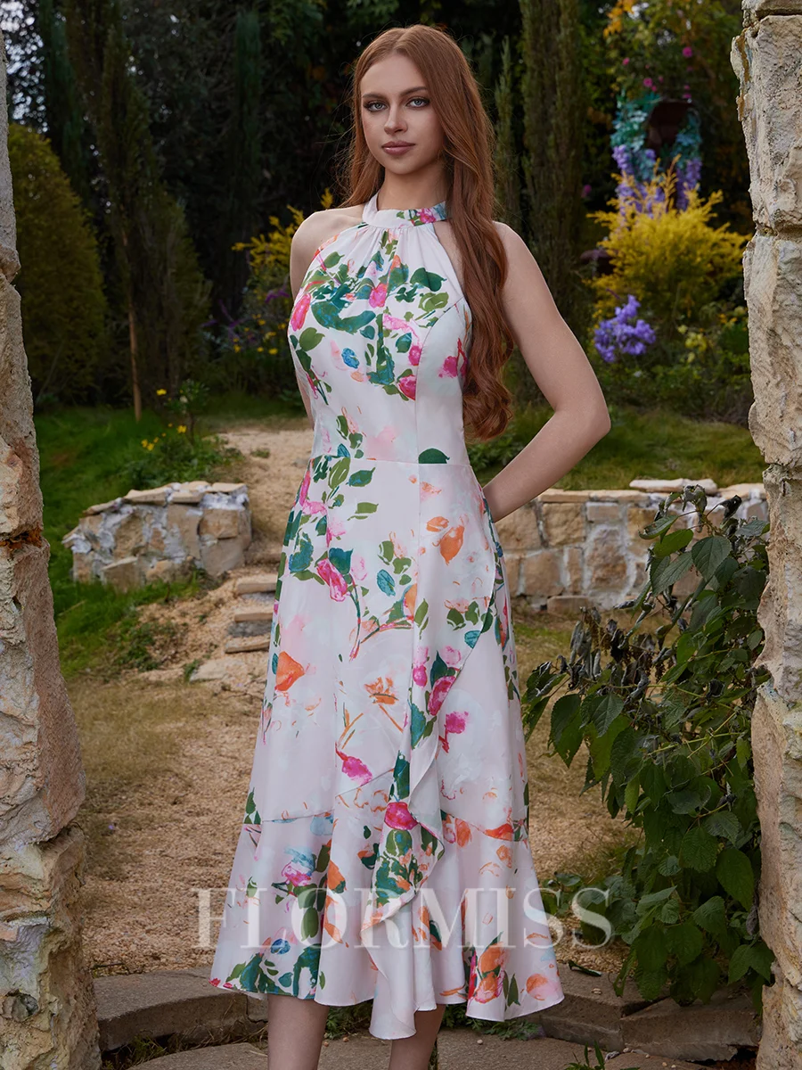 A-line Halter Bow Tea-Length Dress