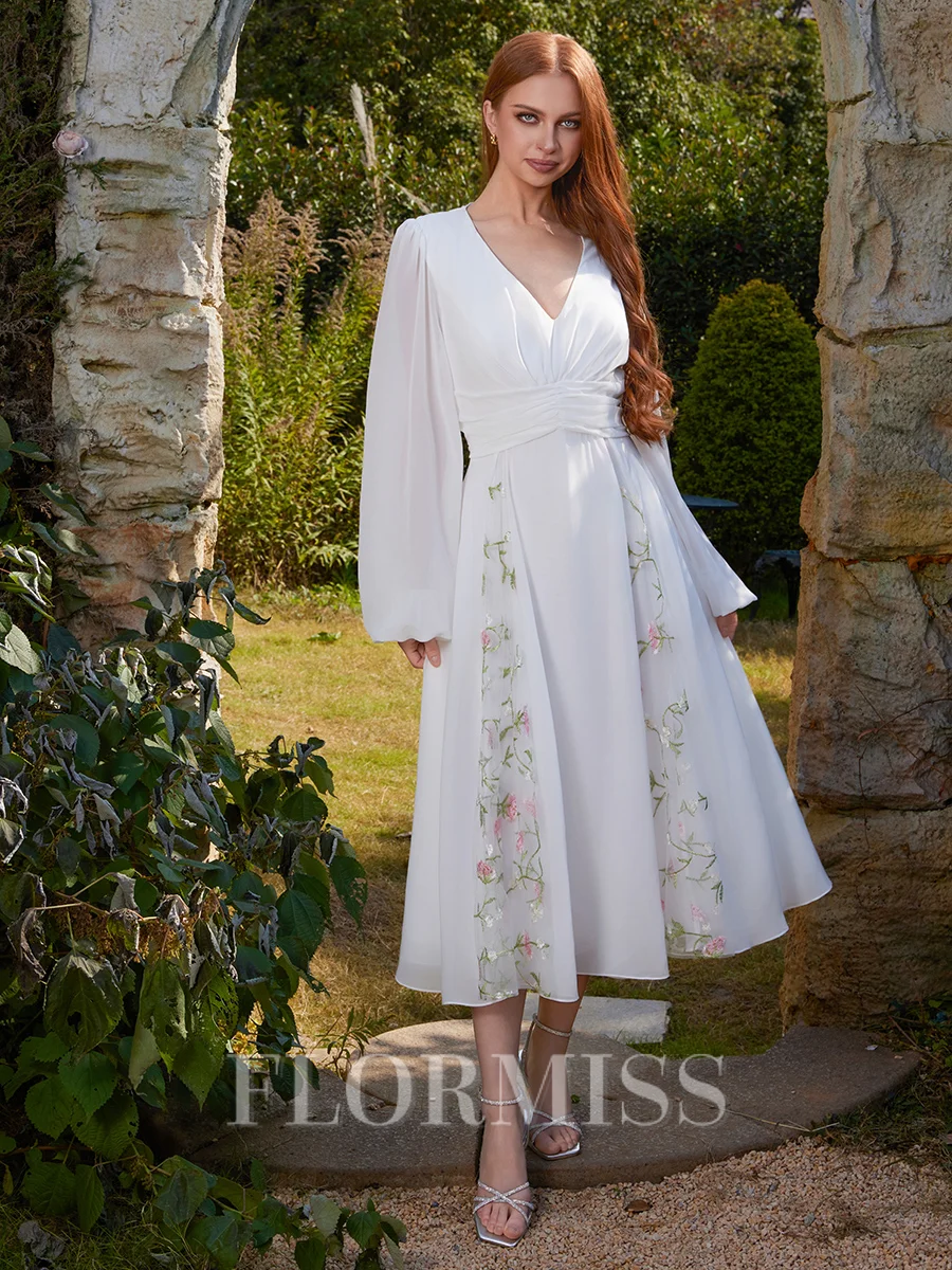 A-line V-neck Long Sleeves Pleated Tea-Length Chiffon Dress