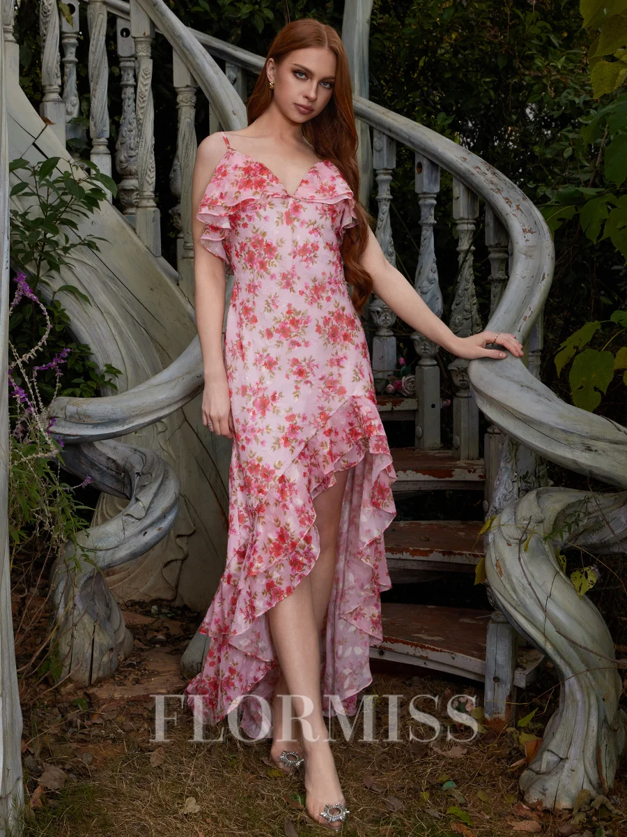 Sheath V-neck Cascading Ruffles Asymmetrical Dress