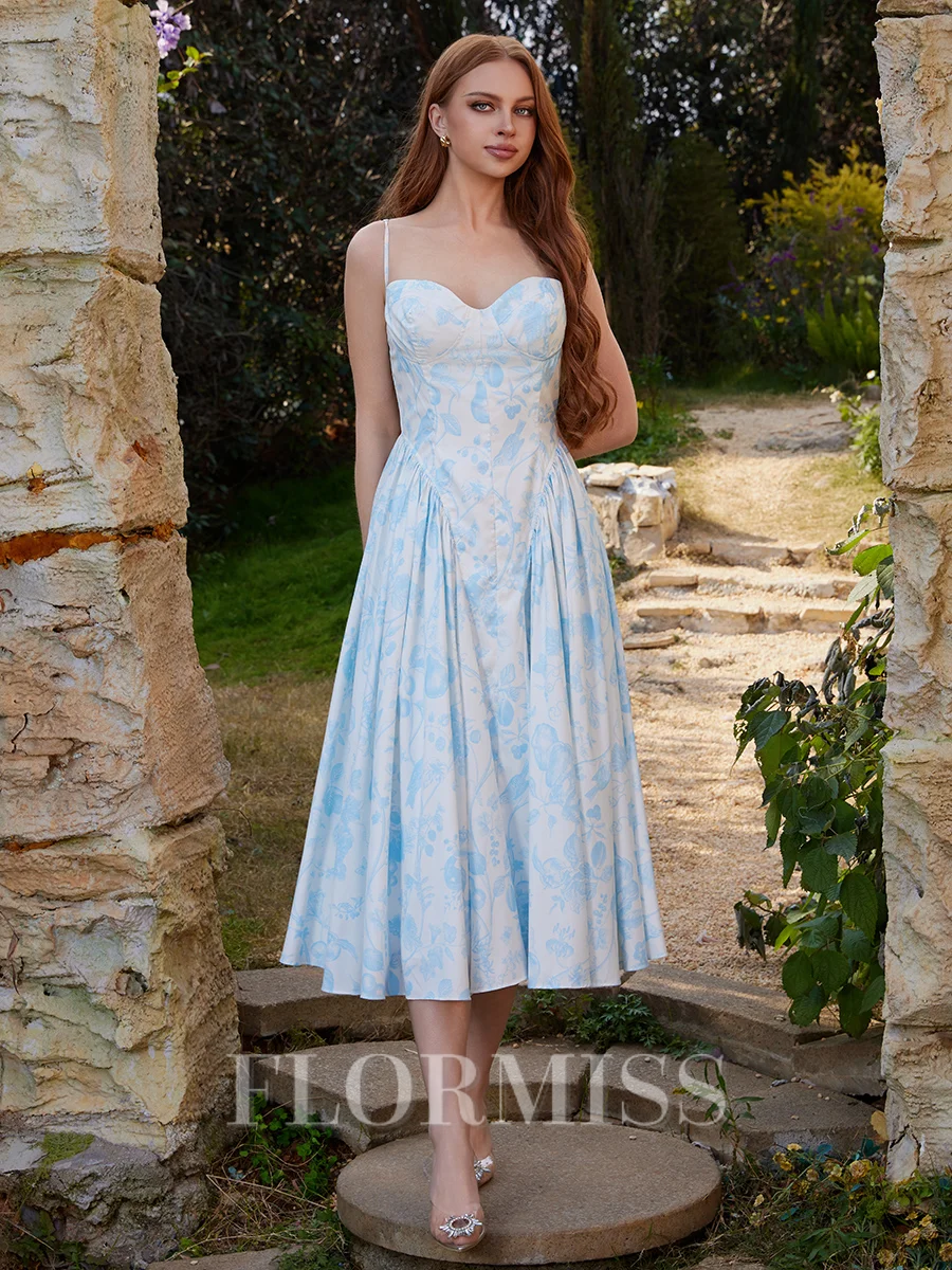 A-line Spaghetti Straps Tea-Length Dress