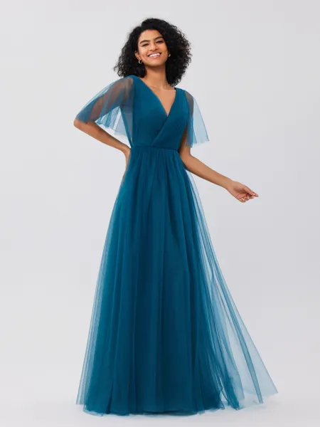 A-Line/Princess Tulle Ruffles V-neck Short Sleeves Floor-Length Bridesmaid Dresses