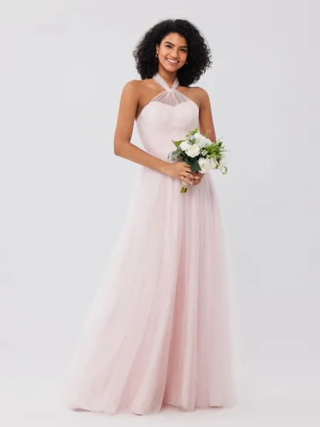 A-Line/Princess Tulle Ruffles Halter Sleeveless Floor-Length Bridesmaid Dresses