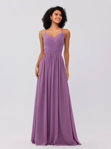 A-Line/Princess Chiffon Ruched V-neck Sleeveless Floor-Length Bridesmaid Dresses