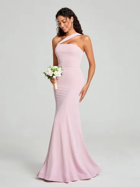 Sheath/Column One-Shoulder Floor-Length Sleeveless Stretch Crepe Bridesmaid Dress