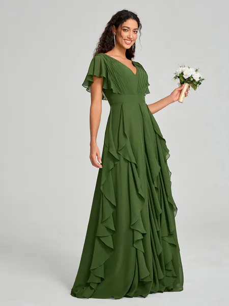 A-line/Princess V-neck Floor-Length Short Sleeves Chiffon Bridesmaid Dress