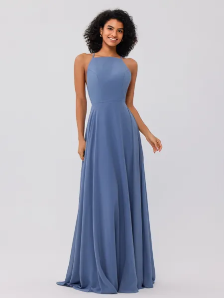 A-Line/Princess Chiffon Ruffles Halter Sleeveless Floor-Length Bridesmaid Dresses