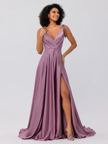 A-Line/Princess Silk like Satin Ruffles V-neck Sleeveless Sweep/Brush Train Bridesmaid Dresses