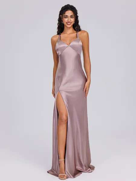 Sheath V-neck Floor-Length Silk Like Satin Bridesmaid Dress