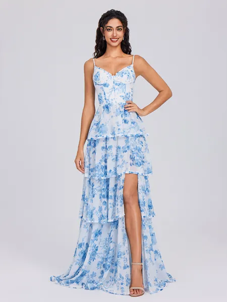 A-line V-neck Cascading Ruffles Floor-Length Corset Bridesmaid Dress