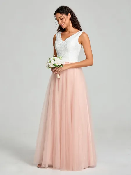 A-Line/Princess V-neck Floor-Length Sleeveless Tulle Bridesmaid Dress