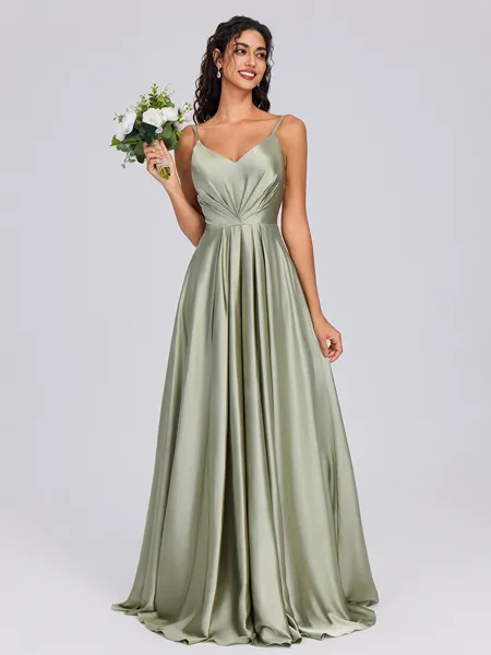 A-line V-neck Pleated Floor-Length Silk Like Satin Bridesmaid Dress