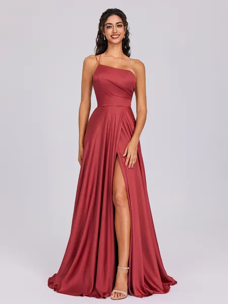 A-line One-Shoulder Pleated Floor-Length Silk Like Satin Bridesmaid Dress