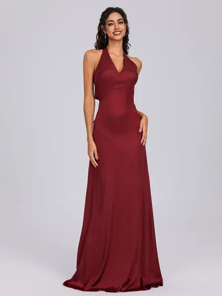 A-line V-neck Floor-Length Silk Like Satin Bridesmaid Dress