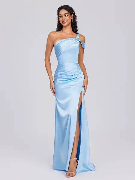 Sheath One-Shoulder Pleated Floor-Length Silk Like Satin Bridesmaid Dress