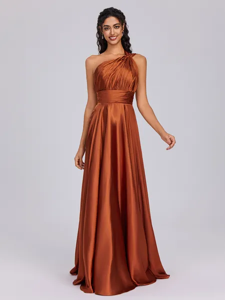 A-line One-Shoulder Pleated Floor-Length Silk Like Satin Bridesmaid Dress
