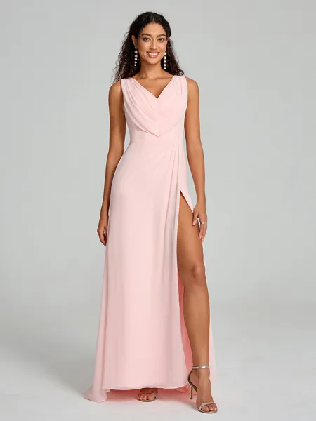 A-Line/Princess V-neck Sweep/Brush Train Sleeveless Chiffon Bridesmaid Dress