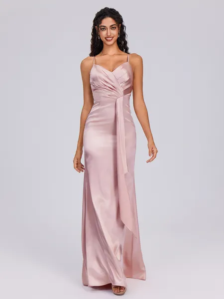 Sheath V-neck Ruffles Floor-Length Silk Like Satin Bridesmaid Dress