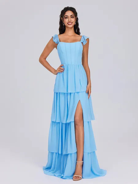 A-line Square Cascading Ruffles Floor-Length Chiffon Corset Bridesmaid Dress