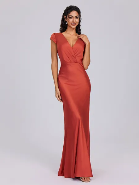 Sheath V-neck Short Sleeves Pleated Ankle-Length Silk Like Satin Bridesmaid Dress