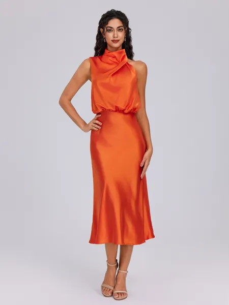 Sheath Halter Pleated Tea-Length Silk Like Satin Bridesmaid Dress