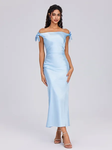 Sheath Off-the-Shoulder Bow Ankle-Length Silk Like Satin Bridesmaid Dress