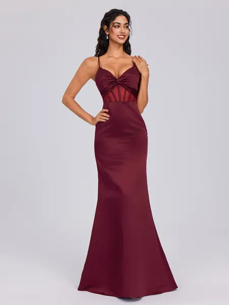 Sheath V-neck Pleated Floor-Length Satin Corset Bridesmaid Dress