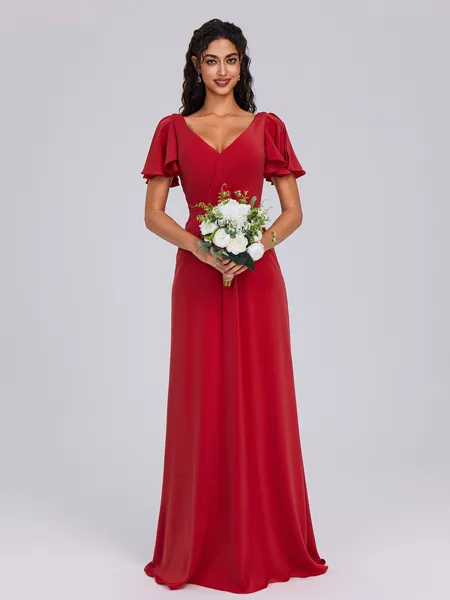 A-line V-neck Short Sleeves Pleated Floor-Length Bridesmaid Dress