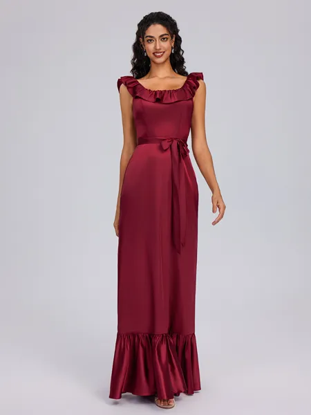 A-line Square Sash/Ribbon/Belt Floor-Length Silk Like Satin Bridesmaid Dress