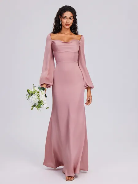 Sheath Cowl Long Sleeves Pleated Floor-Length Satin Chiffon Bridesmaid Dress