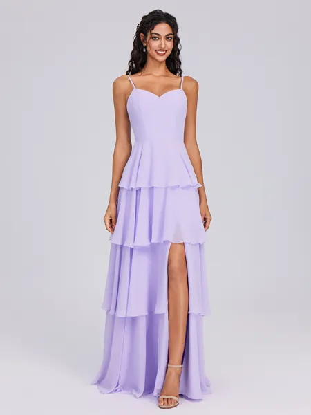 A-line Spaghetti Straps Cascading Ruffles Floor-Length Chiffon Bridesmaid Dress