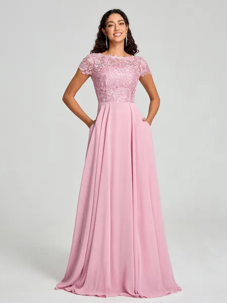 A-Line/Princess Scoop Floor-Length Short Sleeves Chiffon Bridesmaid Dress