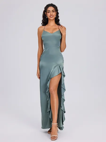 Sheath V-neck Ruffles Floor-Length Silk Like Satin Bridesmaid Dress