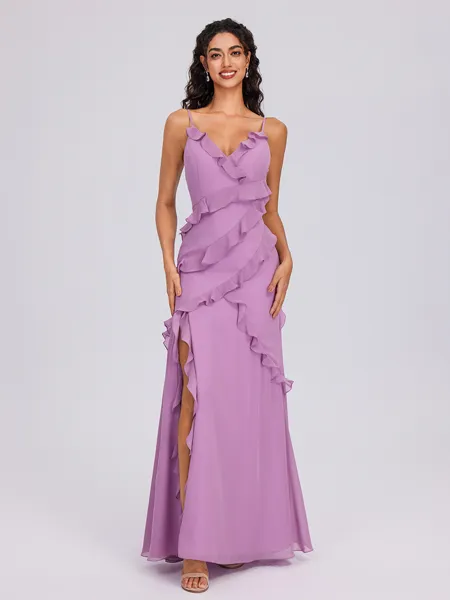 Sheath V-neck Ruffles...