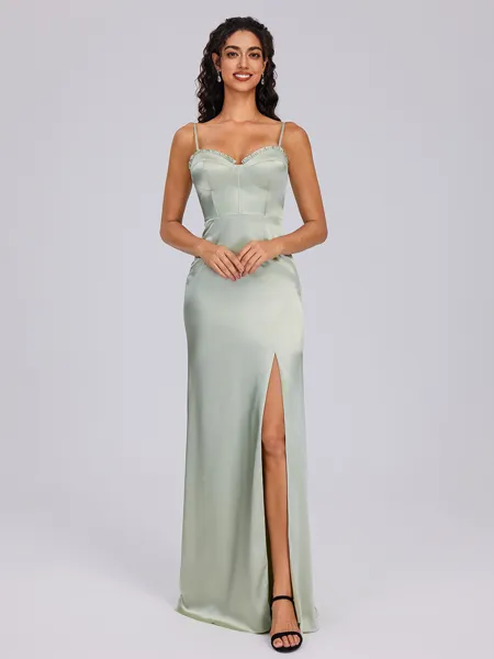 Sheath Spaghetti Straps Floor-Length Silk Like Satin Corset Bridesmaid Dress