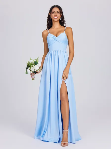 A-line V-neck Pleated Floor-Length Charmeuse Bridesmaid Dress