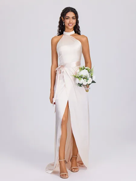 Sheath Halter Sash/Ribbon/Belt Sweep Train Silk Like Satin Bridesmaid Dress