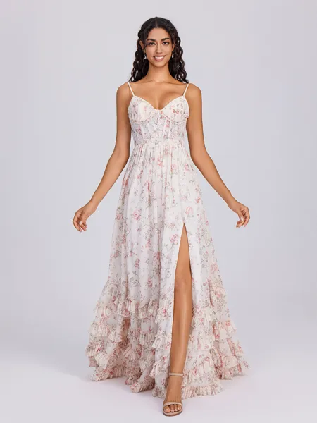 A-line V-neck Ruffles Floor-Length Corset Bridesmaid Dress