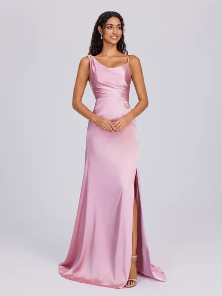 Sheath Straps Pleated Floor-Length Silk Like Satin Bridesmaid Dress